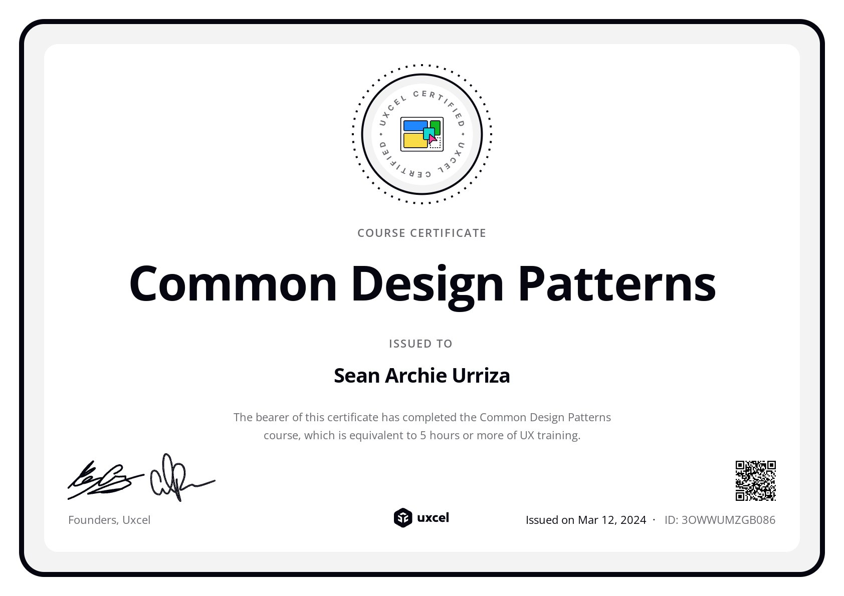 Sean Archie Urriza's certificate